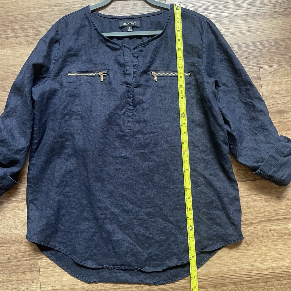 Ellen Tracy Linen Roll Tab Sleeve Navy Blue Women's Tunic Blouse Size L Coastal - Picture 6 of 10